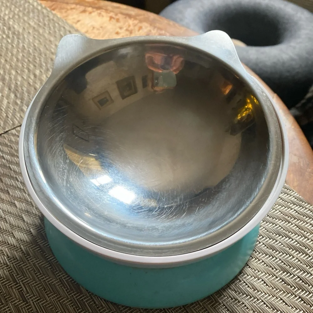 Stainless Steel Cat Ear Removable Bowl w/ Elevated Blue Base, Skid proof Design